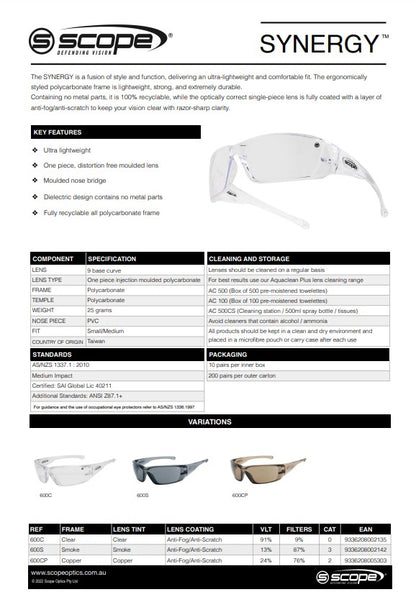 Scope Synergy Safety Glasses AF/AS - 10 Pairs in 2 Lens Colour Options