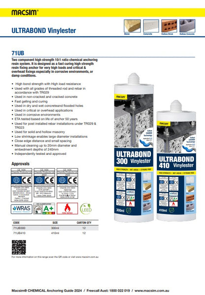 Ultrabond Vinyl Ester Injection System - 300ml Box of 6 and 410ml Box of 12