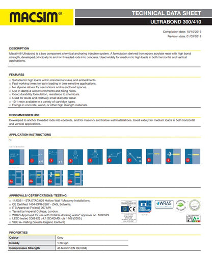 Ultrabond Vinyl Ester Injection System - 300ml Box of 6 and 410ml Box of 12