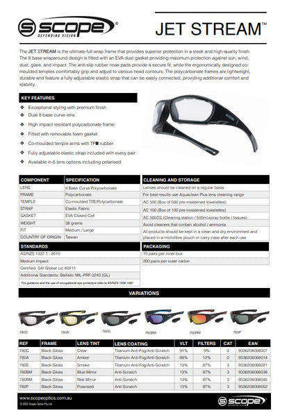 Scope Jet Stream Safety Glasses Inc Gasket + Strap in 6 Lens Colour Options