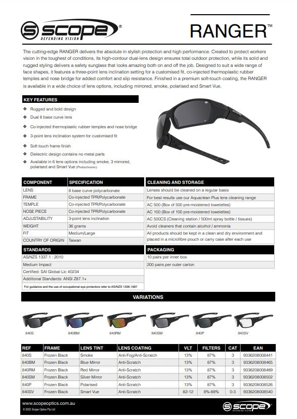 Scope Ranger Frozen Black Frame Safety Glasses - 6 Lens Colour Options