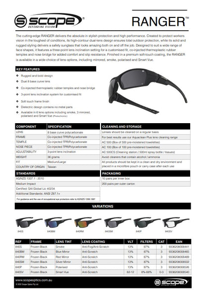 Scope Ranger Frozen Black Frame Safety Glasses - 6 Lens Colour Options