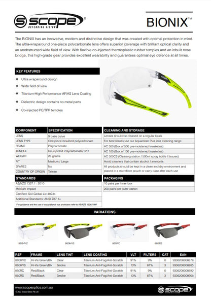 Scope Bionix Titanium Safety Glasses AF/AS Lens - 10 Pairs in 2 Lens Colour Options