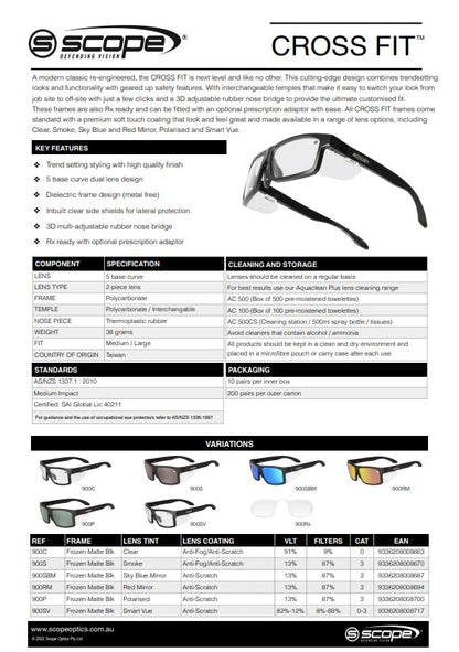 Scope Cross Fit Frozen Black Frame Safety Glasses with X-Fit Temples - 6 Lens Colour Options