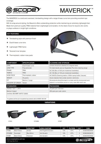 Maverick Safety Glasses Black Gloss or Gunmetal Frame in 3 Lens Colour Options