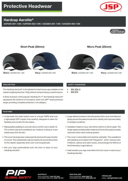 JSP Hardcap Aerolite Short, Micro Peak or 60° 2.5cm Peak in Various colours