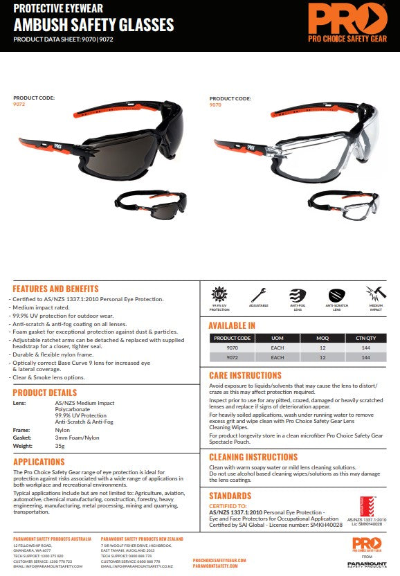 Ambush Foam Bound Spec / Goggle - 12 Pairs in 2 Lens Colour Options