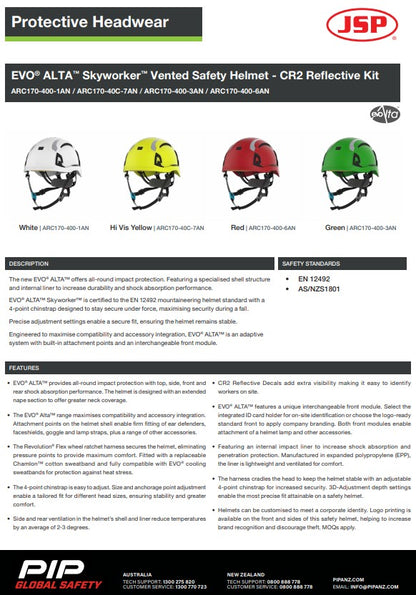JSP Evo Alta Skyworker Vented Safety Helmet With Cr2 Reflective Kit in 4 colour options