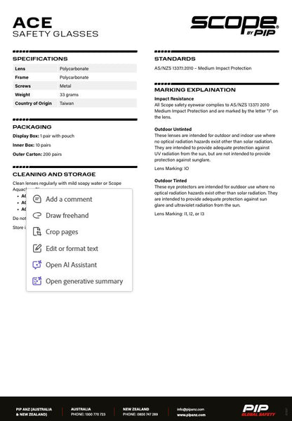 Scope Ace Safety Glasses Lens - 6 Frame/Lens Colour Options