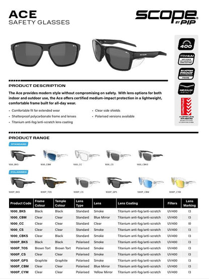 Scope Ace Safety Glasses Polarised Lens - 6 Frame/Lens Colour Options