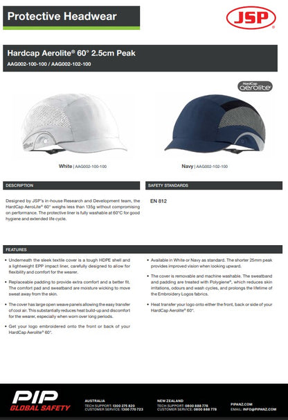 JSP Hardcap Aerolite Short, Micro Peak or 60° 2.5cm Peak in Various colours