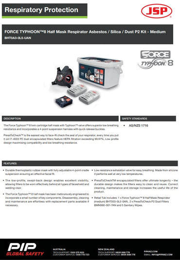 JSP Force Typhoon 8 Half Mask Respirator Asbestos/Silica/Dust Kit With P2 Filters