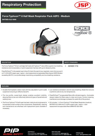 JSP Force Typhoon 8 Half Mask Respirator Pack With A2P2 Filters