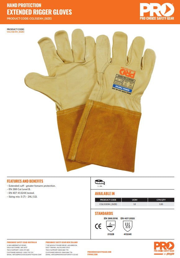 Pro Choice Cow Grain Rigger Gloves with Extended Cuff 1 Pair - 5 Size Options
