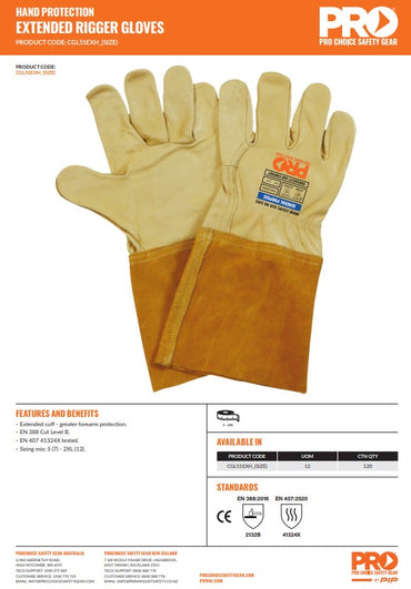 Pro Choice Cow Grain Rigger Gloves with Extended Cuff 1 Pair - 5 Size Options