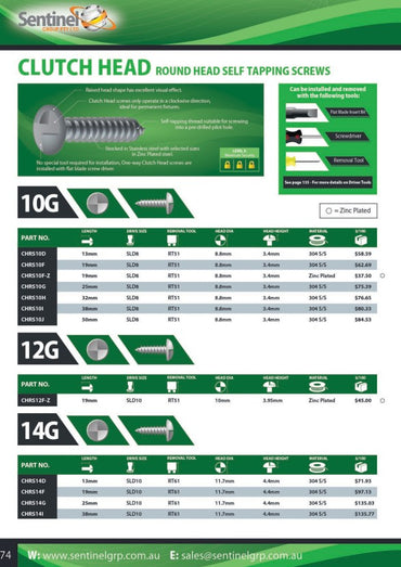 Clutch Head Round Head Self Tapping Screws Box of 100 - 304SS or Zinc Various Gauges and Lengths