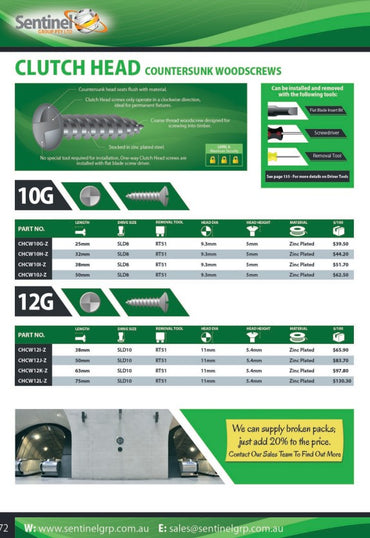 Clutch Head Countersunk Wood Screw Zinc Box of 100 - Various Gauges and Lengths