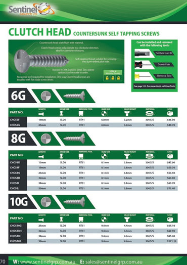 Clutch Head Countersunk Self Tapping Screws 304 SS Box of 100 - Various Gauges and Lengths
