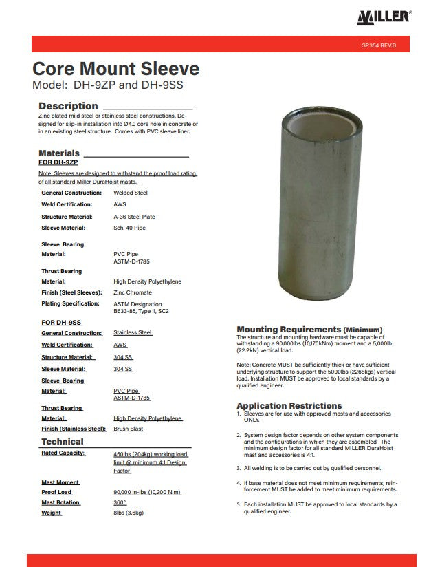 Miller DuraHoist Mount Sleeves, Parts and Accessories