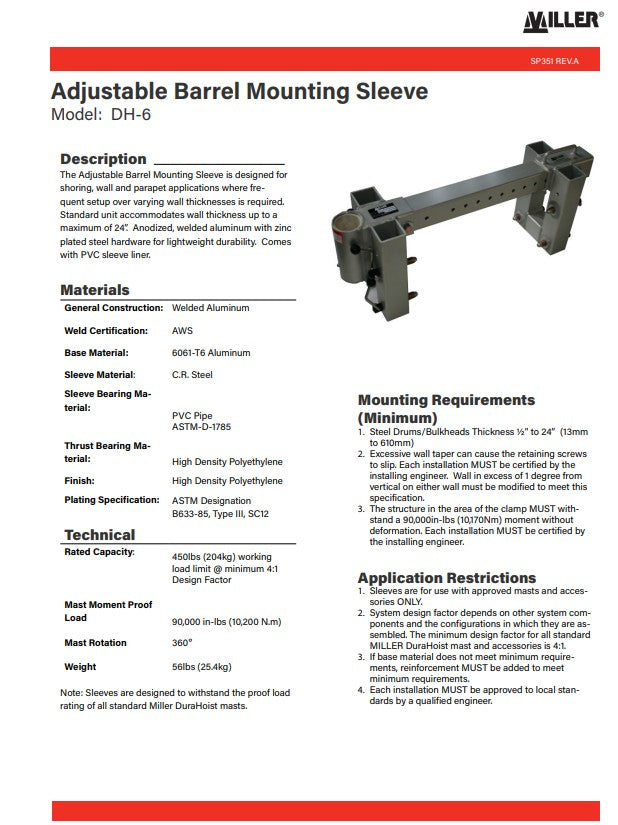 Miller DuraHoist Mount Sleeves, Parts and Accessories