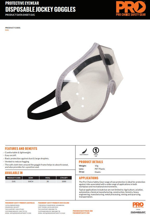Pro Choice Disposable Jockey Safety Goggles Clear Lens - Box of 20