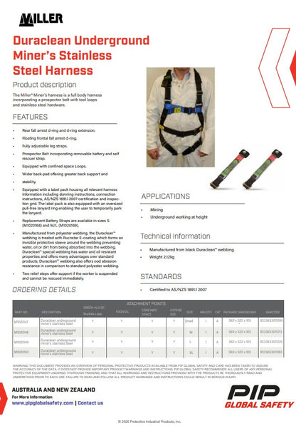 Miller Duraclean Underground Miners Stainless Steel Harnesses