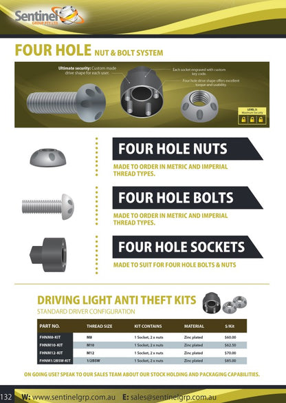 Four Hole M8 Nuts, M8, M10 and M12 Kits or Drive Socket