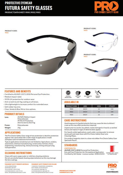 Pro Choice Futura Safety Glasses - 12 Pairs in 2 Lens Colour Options