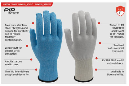 Kut Gard 18G Food Gloves CUT F Blue or White - 12 pairs in 7 size options