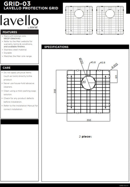 Meir Lavello 2 Piece Protection Grid for Kitchen Sink MKSP-D860440 - 3 Colour Finishes
