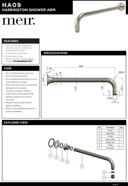 Meir Harrington Brushed Nickel Shower Arm 400mm