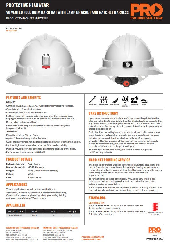 Pro Choice Hard Hat with Lamp Bracket - Full or Peak Brim - Vented and Unvented