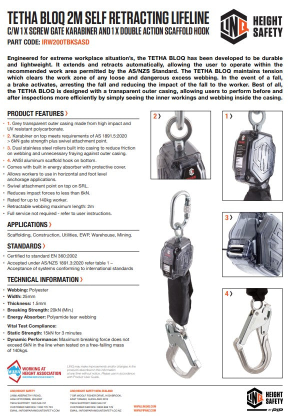 Linq Tetha Bloq Self Retracting Lifelines with Optional Karabiners and Scaff Hooks