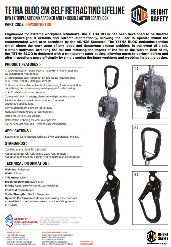 Linq Tetha Bloq Self Retracting Lifelines with Optional Karabiners and Scaff Hooks