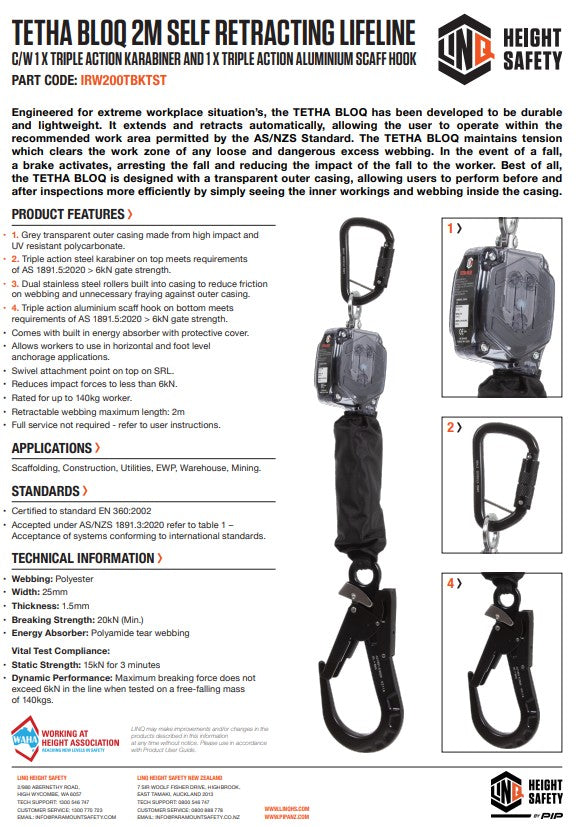 Linq Tetha Bloq Self Retracting Lifelines with Optional Karabiners and Scaff Hooks