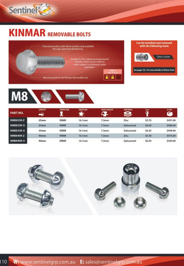 Kinmar Removable Security Bolt M8 Box of 100 - 2 Material Options in Various Lengths