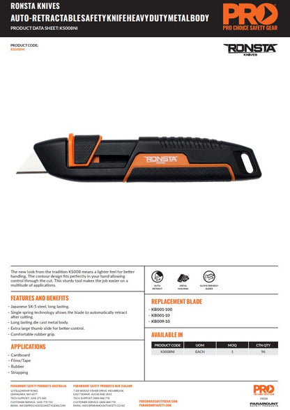 Ronsta Auto-Retractable Safety Knife Heavy Duty Metal Body