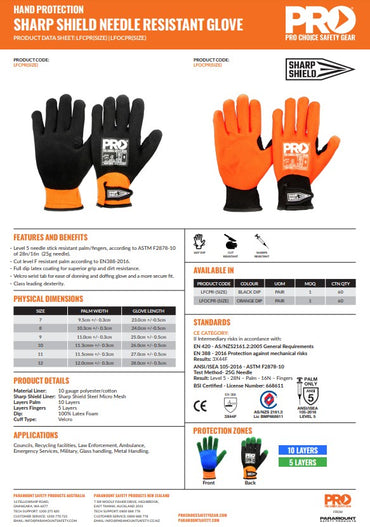 Pro Choice Sharp Shield Needle Resistant Gloves - 1 pair in Orange - 6 Sizes Options