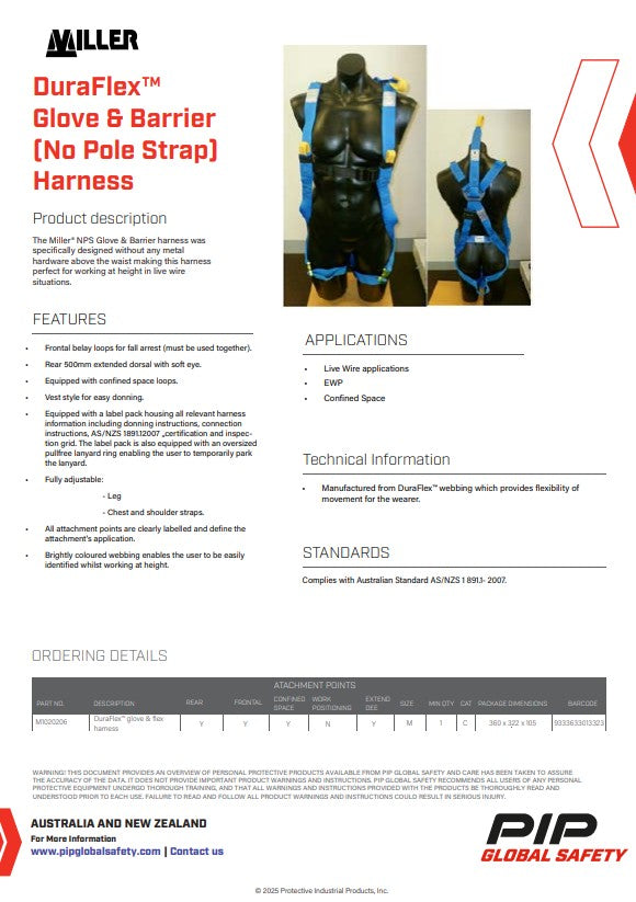 Miller DuraFlex Glove and Barrier (No Pole Strap) Harness Medium