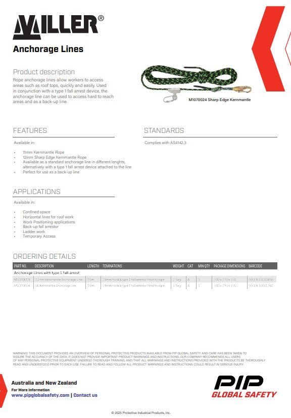 Miller Shape Edge Kernmantle Anchorage Lines with/without Type 1 Fall Arrester and TAKS