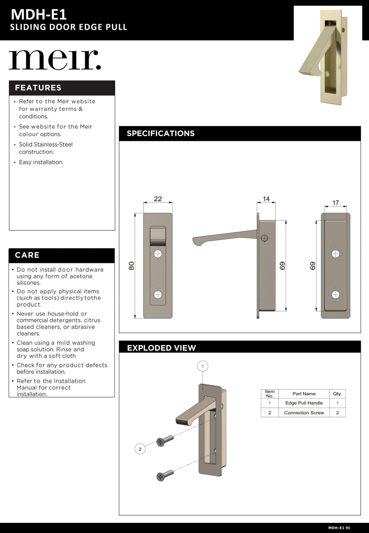 Meir Sliding Door Edge Pulls - various colour finishes