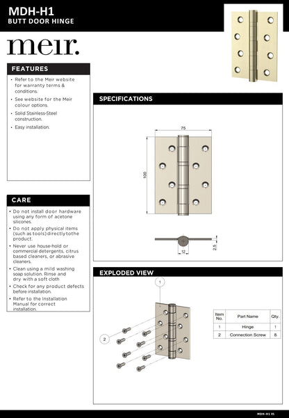 Meir Butt Door Hinges - various colour finishes