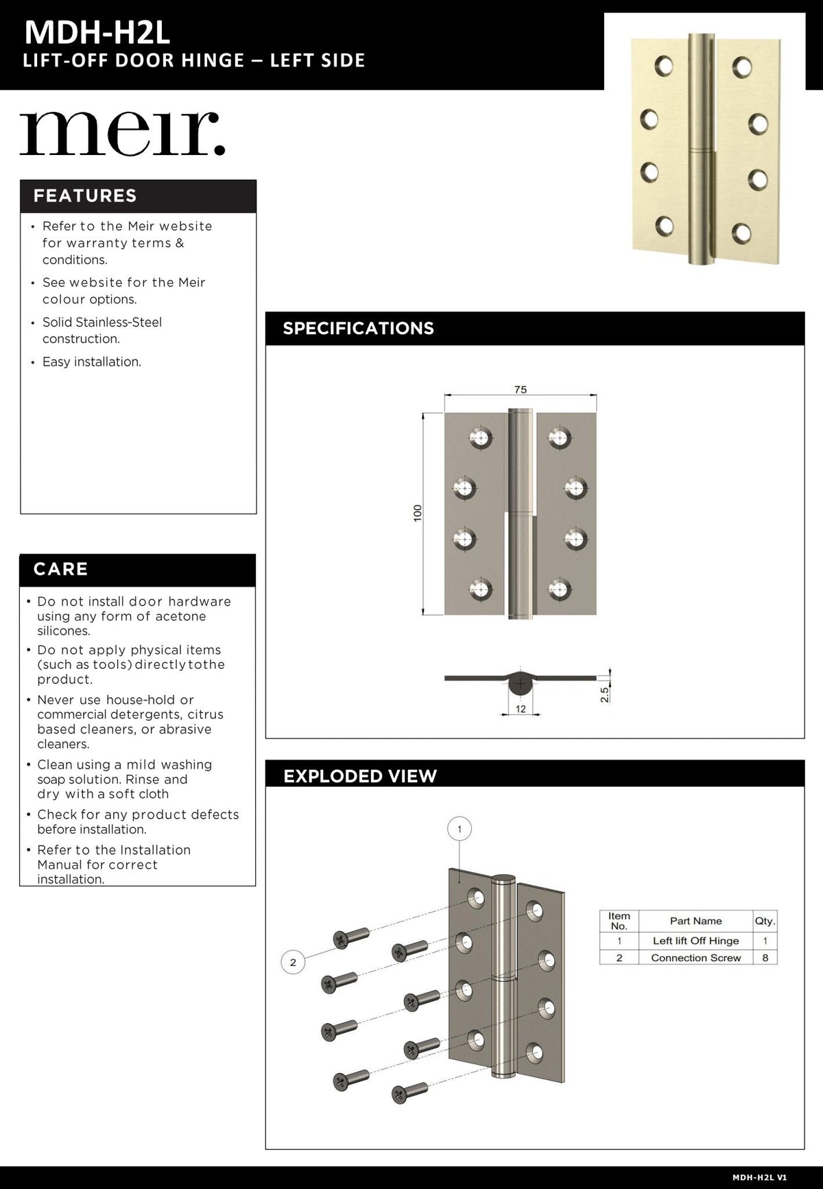 Meir Lift Off Door Hinge Left Side - various colour finishes