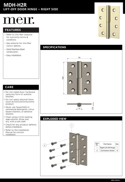 Meir Lift Off Door Hinge Right Side - various colour finishes