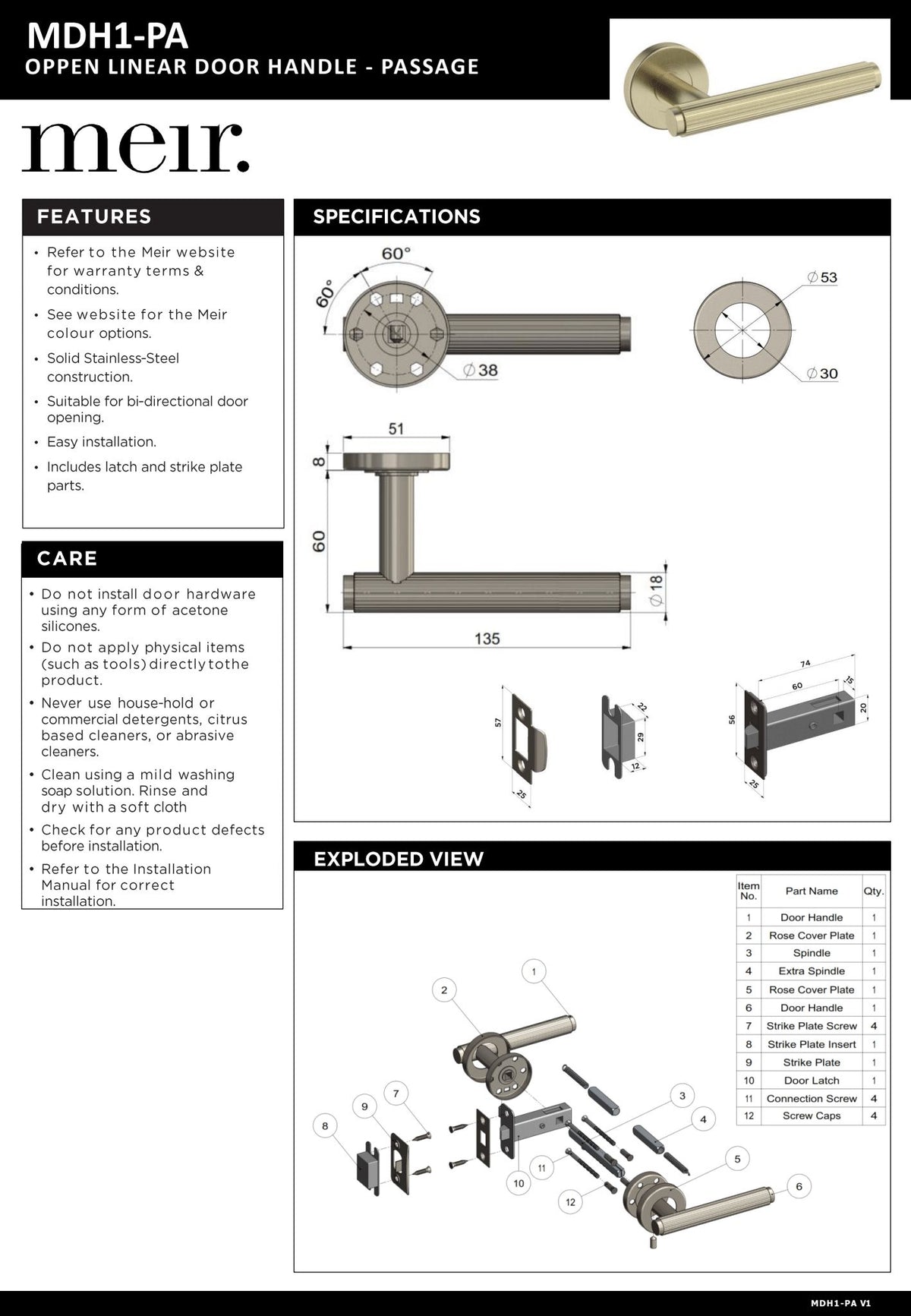 Meir Oppen Linear Passage Lever Door Handles - various colour finishes