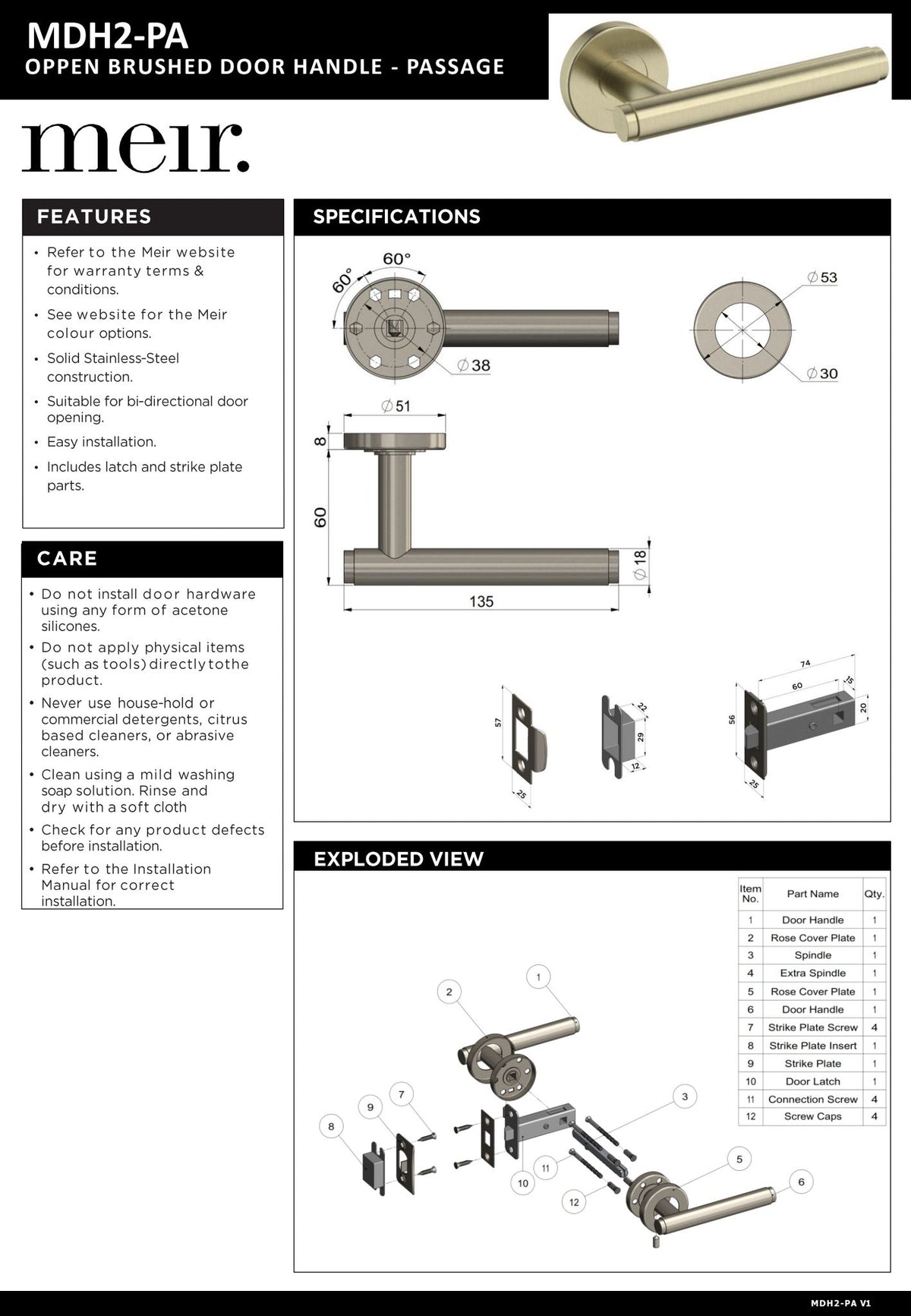 Meir Oppen Brushed Passage Lever Door Handles - various colour finishes
