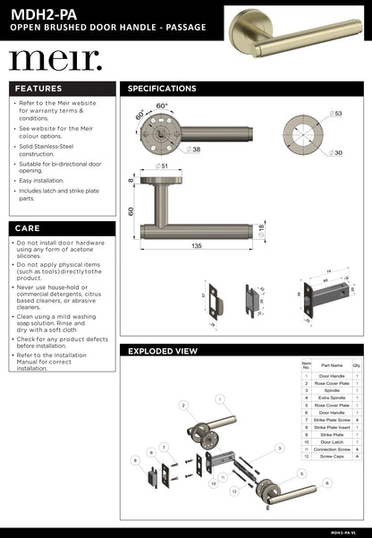 Meir Oppen Brushed Passage Lever Door Handles - various colour finishes