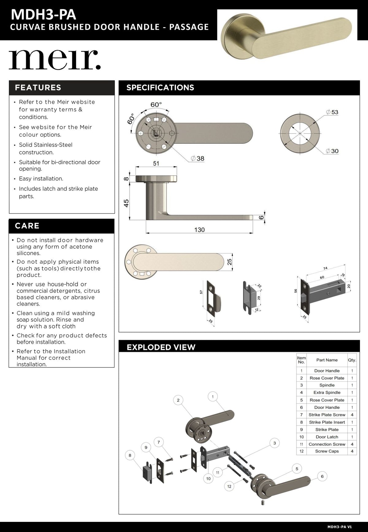 Meir Curvae Flat Passage Lever Door Handles - various colour finishes
