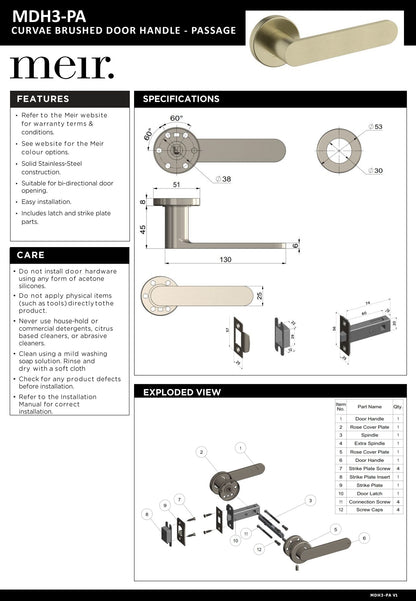 Meir Curvae Flat Passage Lever Door Handles - various colour finishes