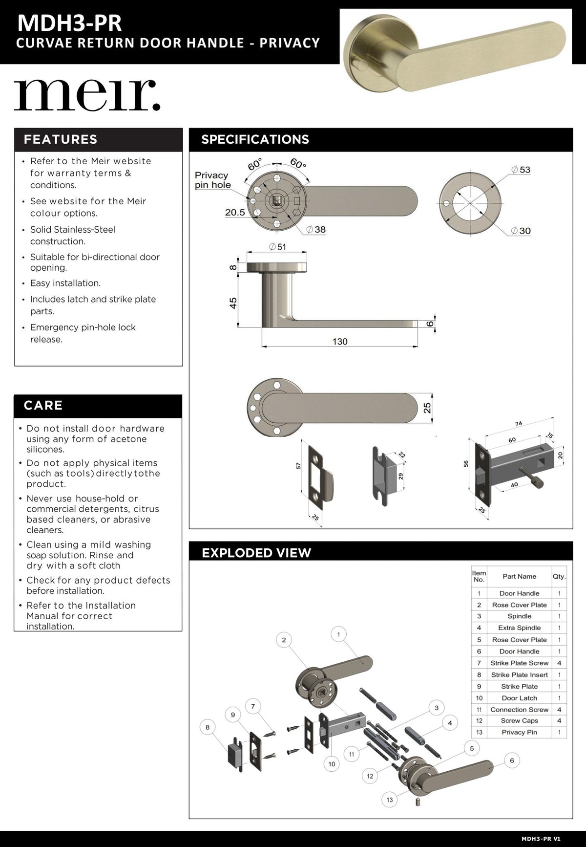 Meir Curvae Flat Privacy Lever Door Handles - various colour finishes